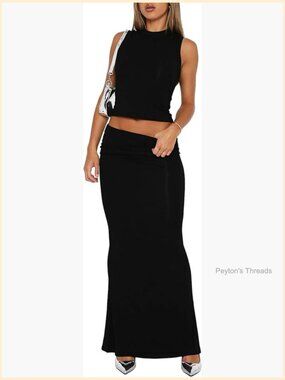 2 Piece Sleeveless Crop Top & Fold Over Maxi Skirt Set - Sexy Two PC Outfit